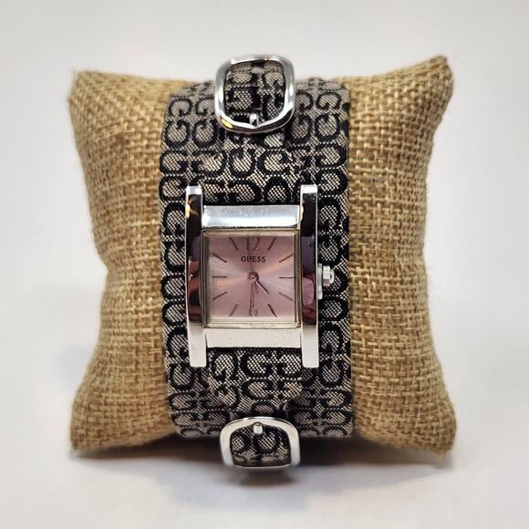 Guess Black Gray Logo Jacquard Cuff Watch Wristwatch Womens Buckle Strap Works - Picture 1 of 7